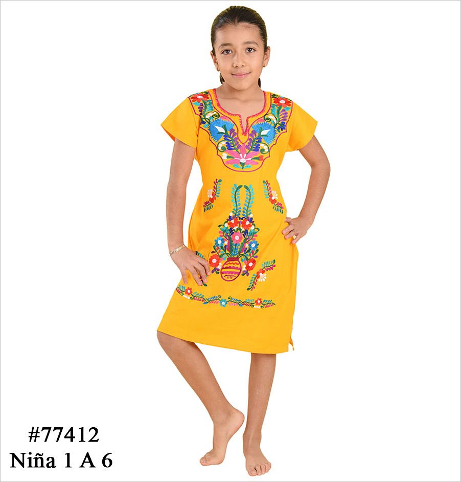 Vestido Bordado Kimonita para Nina 1-6 Amarilla